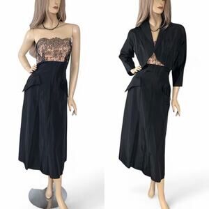 1950s Black Lace Illusion‎ Dress & Taffeta Bolero | Old Hollywood Glam | Size XS